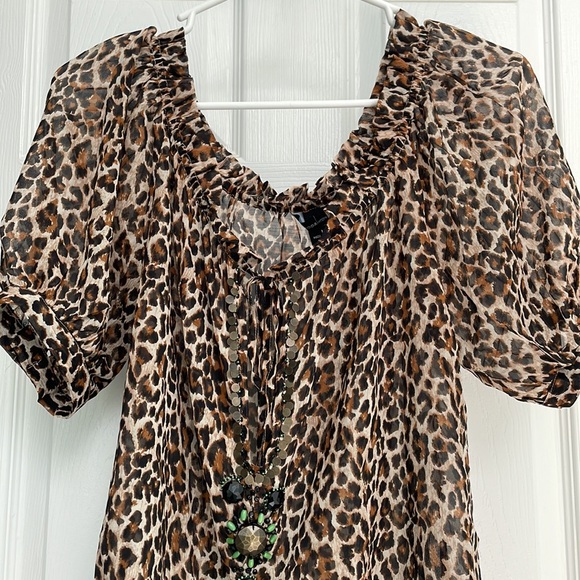 MODA sheer leopard animal print blouse embellished bead front women Medium - Picture 1 of 10